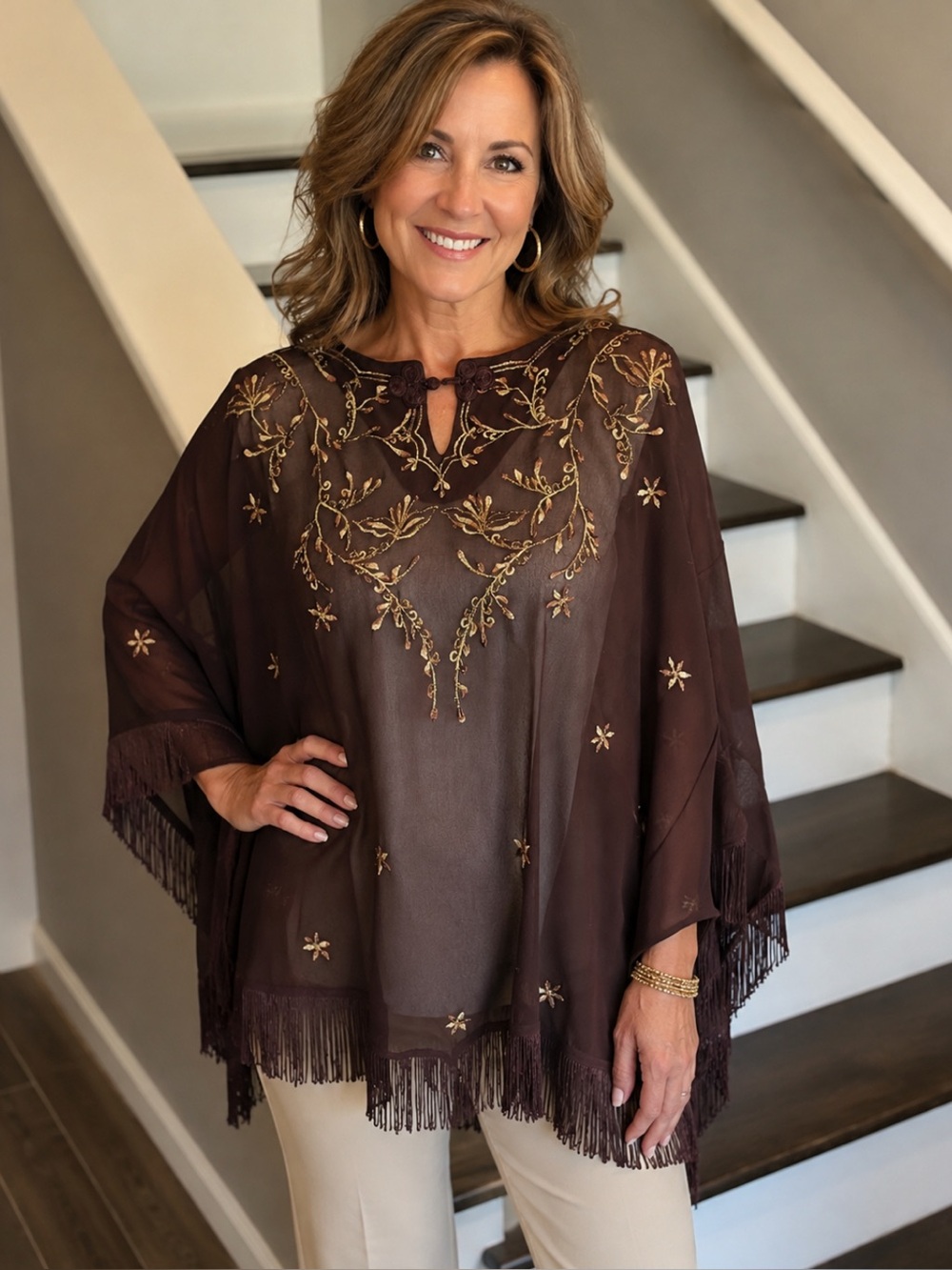 Cape/Poncho Brown Elegant Sheer Chiffon feel with Gold Cream Brown Embroidered